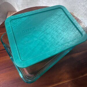 Vintage Pyrex #7210 Rectangular Clear Glass Storage Container with Green Lid